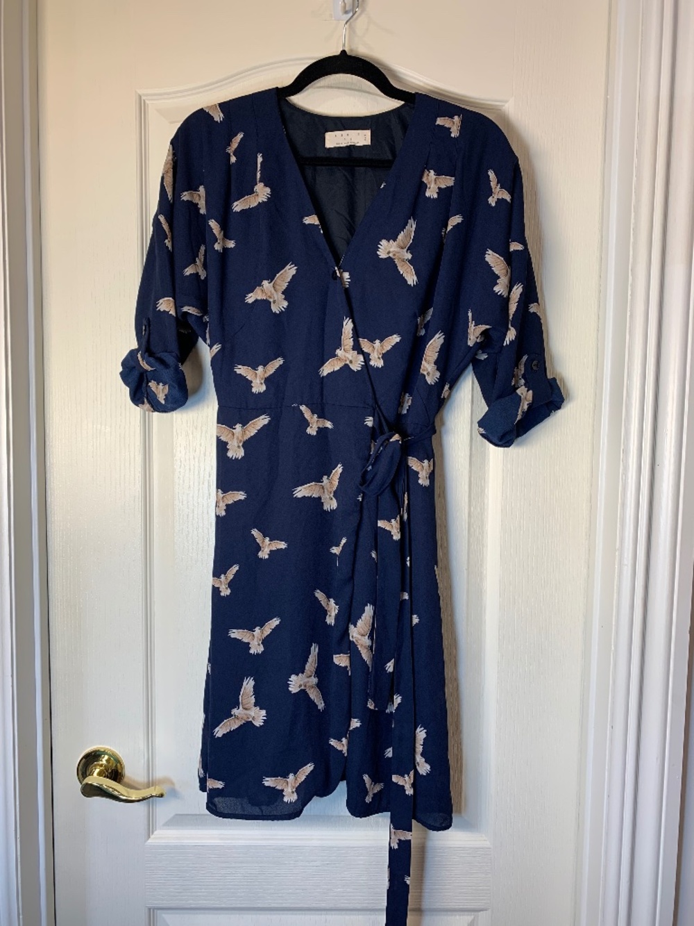 Annie 50 Navy Bird Print Wrap Dress Made in Canada with Sheer Sleeves, S